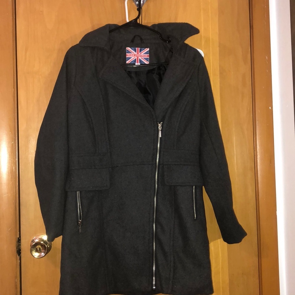 Miss London Pocket Asymmetrical Zip Up Wool Coat M